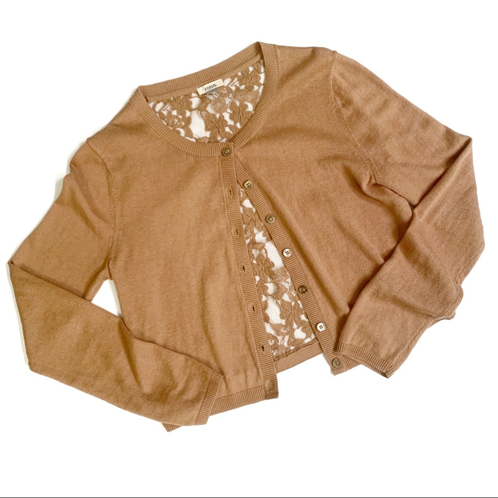 Fossil Tan Lace Crop Cardigan Size XS